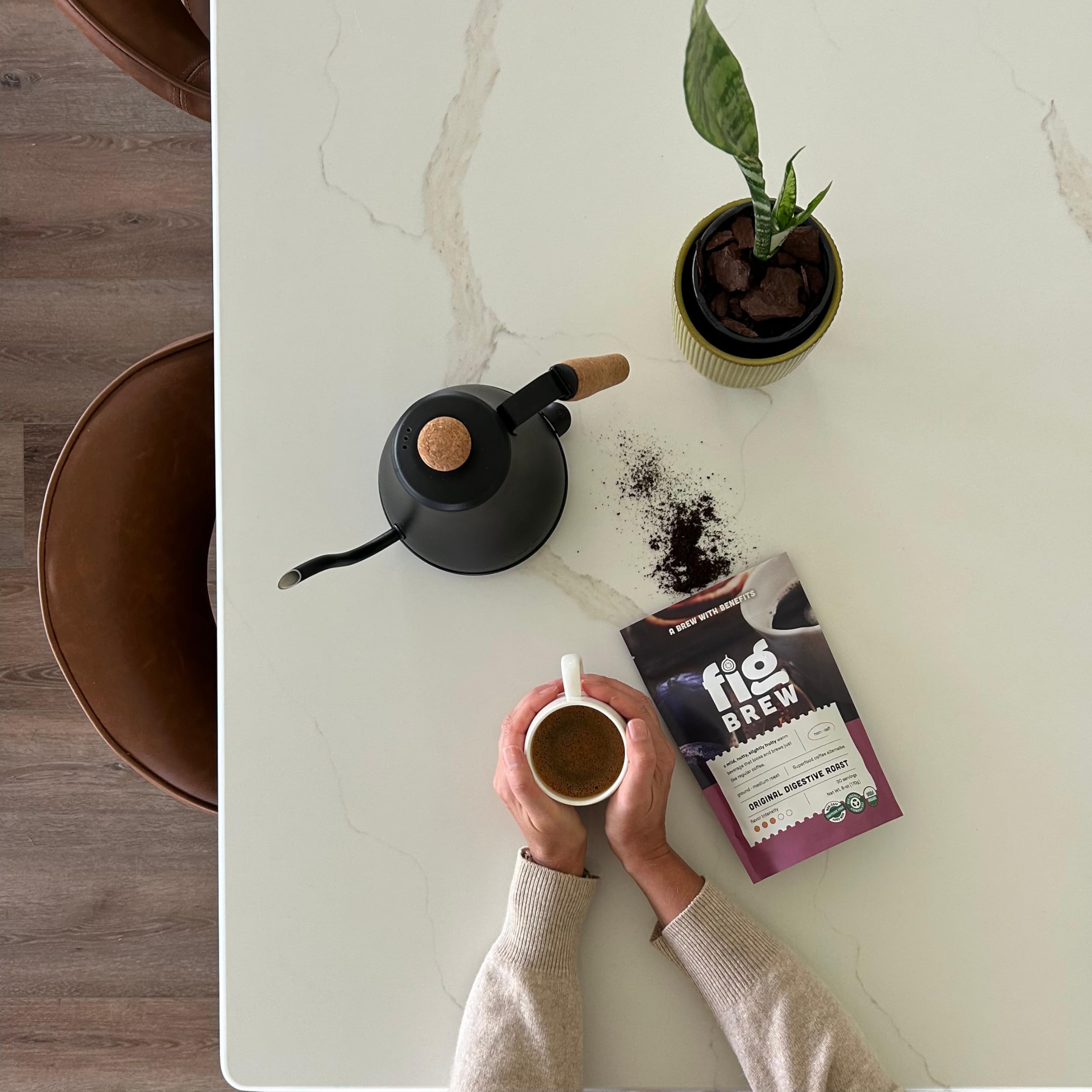 FigBrew being poured into a French press showing simple brewing and versatile use benefit