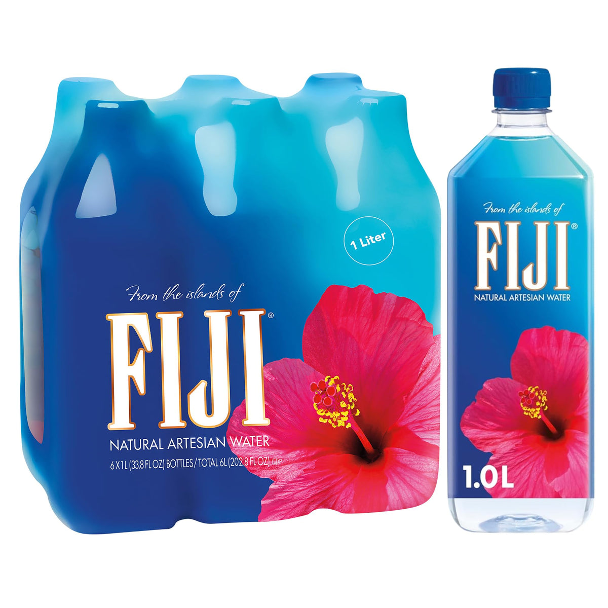 FIJI front packaging showing pack of six 1L bottles and premium branding benefit
