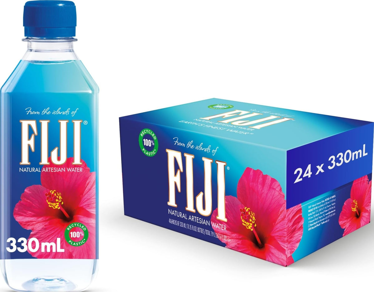 FIJI front pack of 24 330mL bottles showing branding and portability benefits