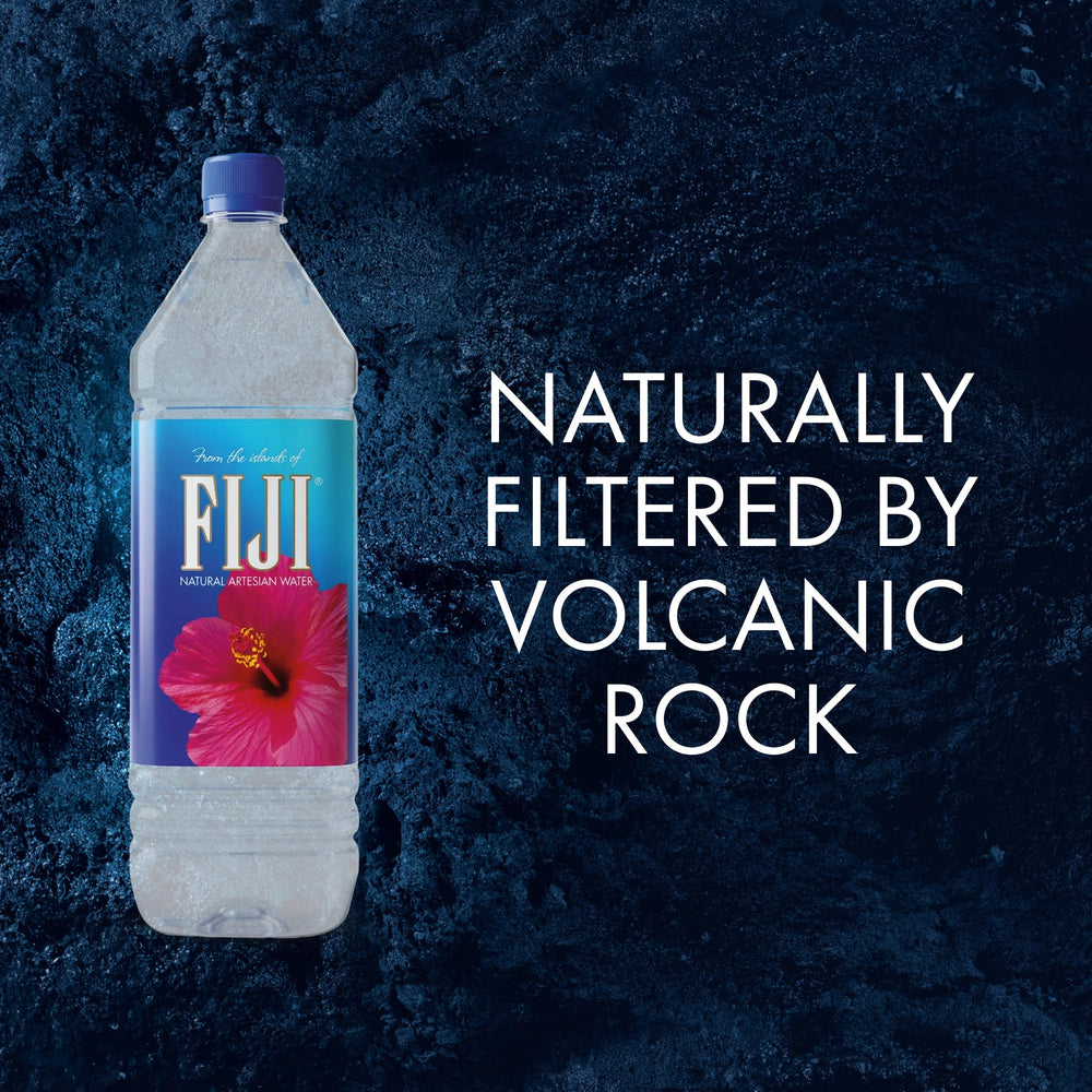 FIJI bottle next to standard glass to show 1.5L scale and servings