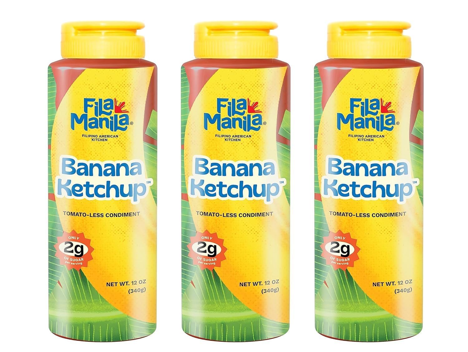 Fila Manila banana ketchup front packaging showing mild vegan condiment and benefits