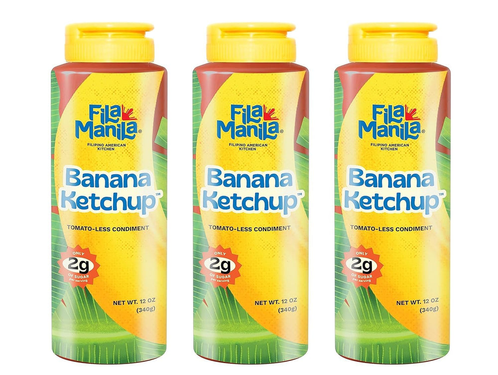 Fila Manila banana ketchup front packaging showing mild vegan condiment and benefits