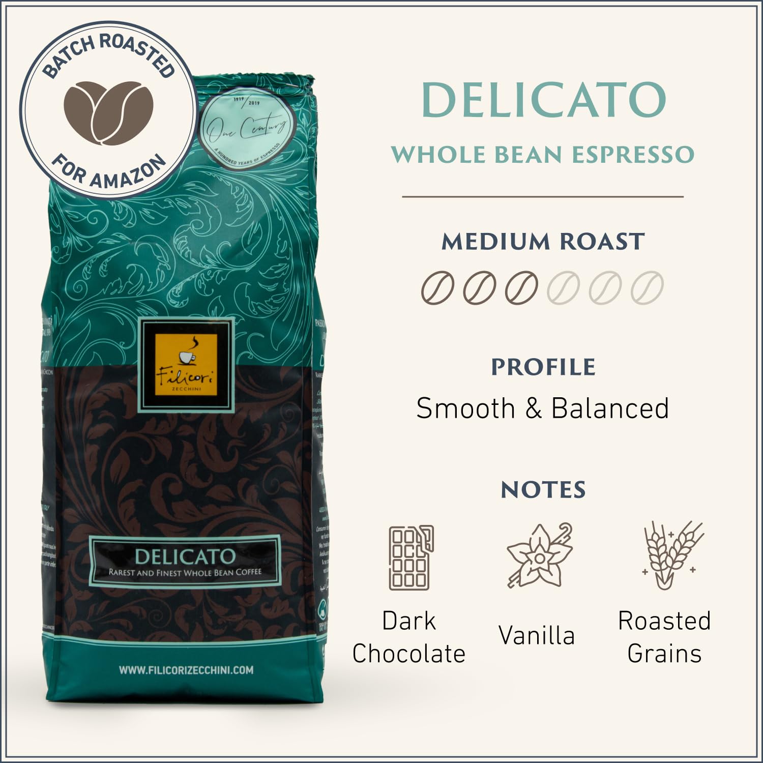 Filicori Zecchini whole beans close-up highlighting even roast and aroma