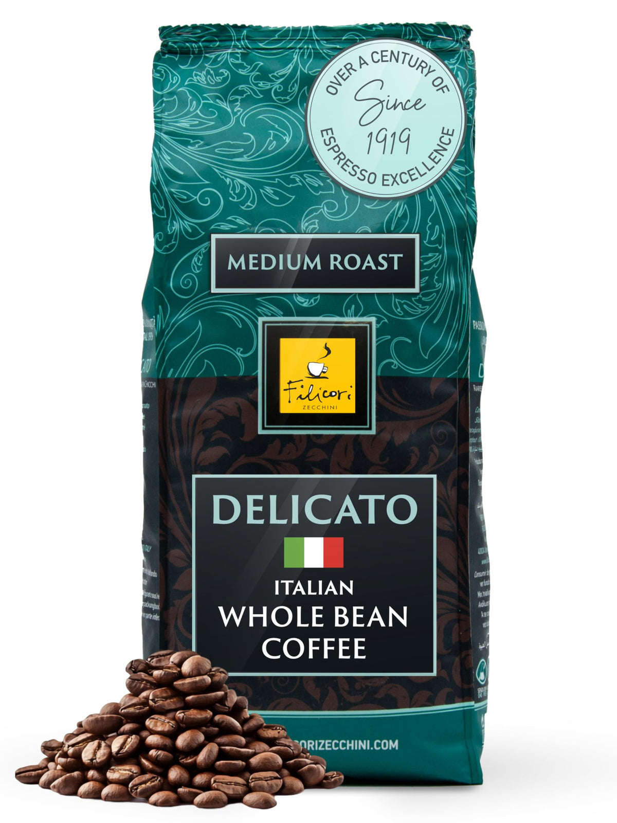 Filicori Zecchini front packaging showing brand and medium roast benefits