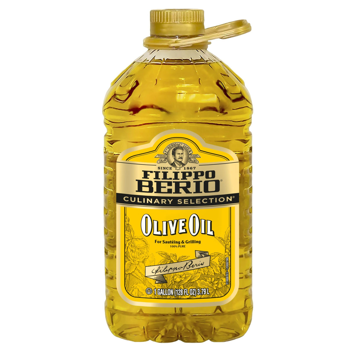 Filippo Berio front label on 128 oz rPET bottle showing brand and size for clear identification