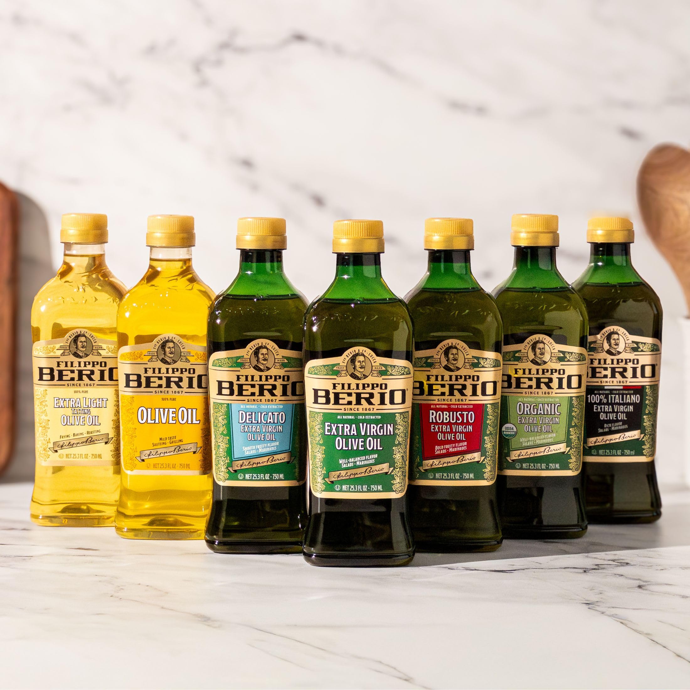 Filippo Berio 128 oz bottle beside common kitchen items to show scale and value size