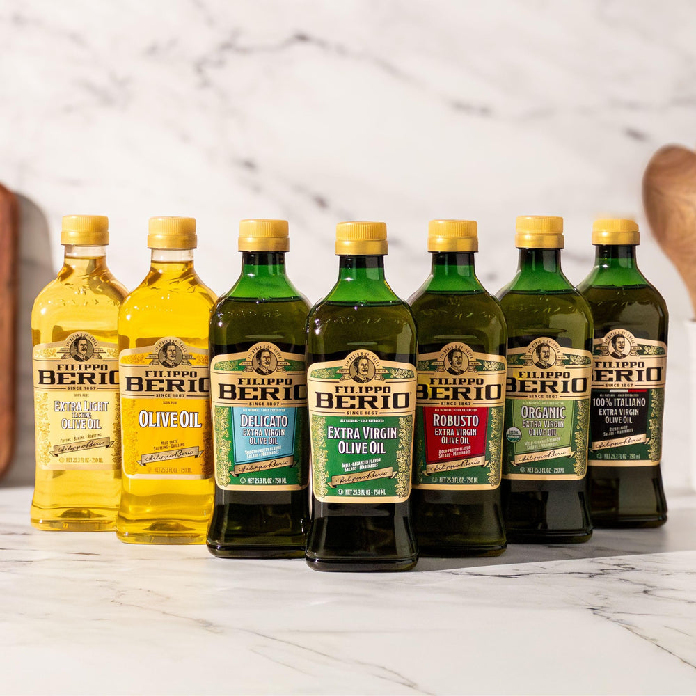 Filippo Berio 128 oz bottle beside common kitchen items to show scale and value size