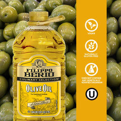 Filippo Berio being poured from the bottle into a pan demonstrating controlled pour benefit