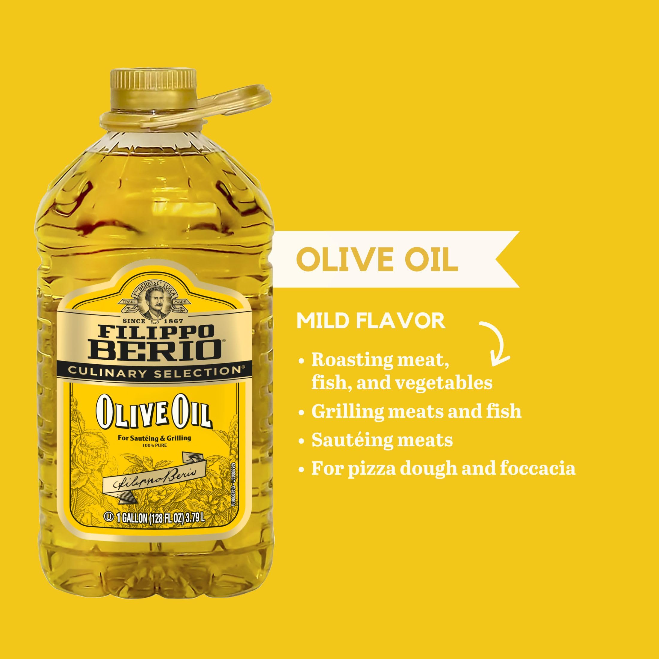 Filippo Berio rPET bottle side view highlighting handle and pour design for easier pouring