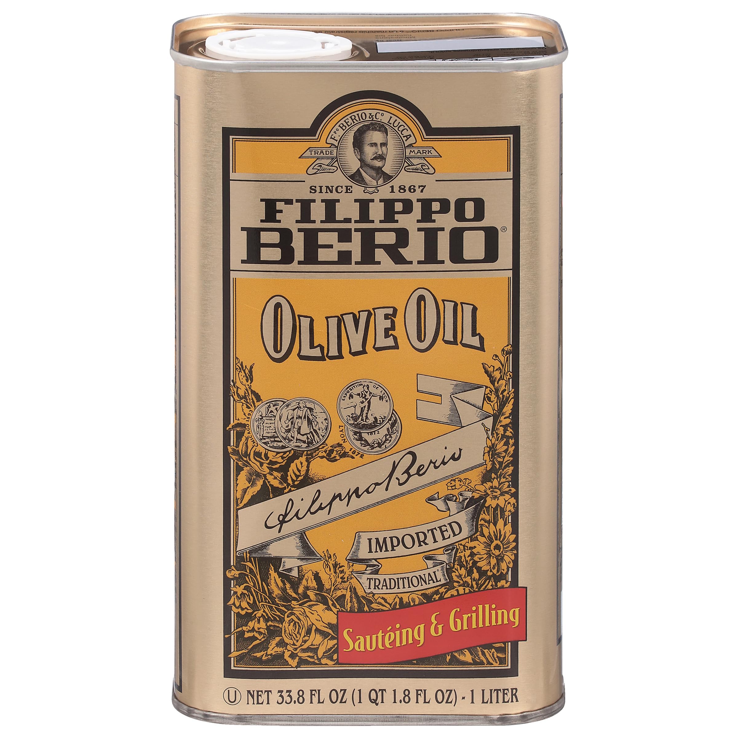 Filippo Berio tin front view showing brand and mild olive oil, convenient for everyday cooking