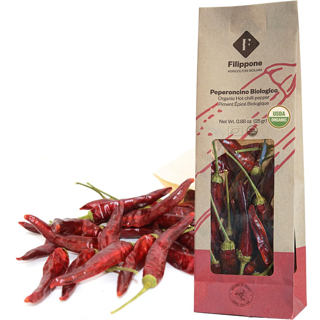 FILIPPONE front packaging showing whole dried chilies and organic label for authenticity