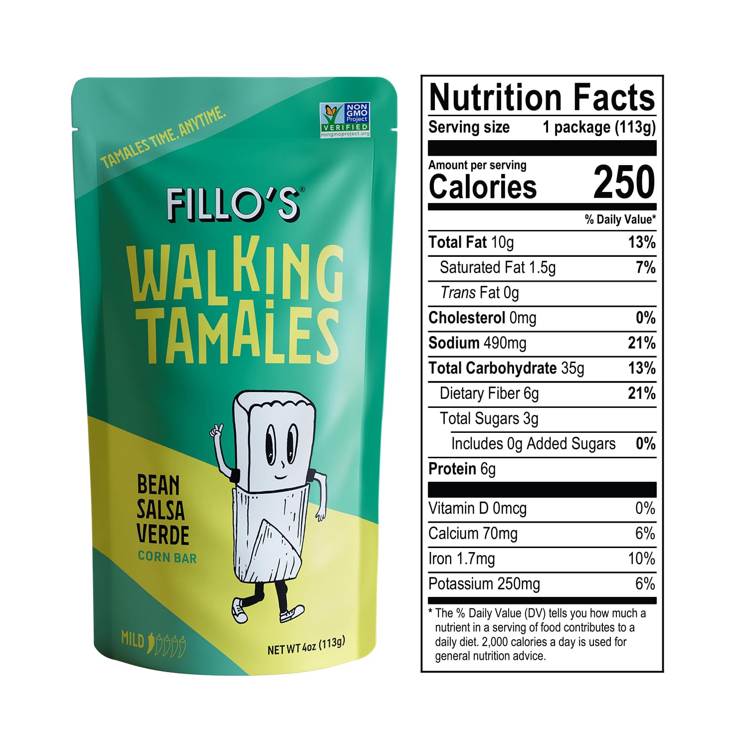 Fillo's tamale in hand to show real size and portable meal benefit