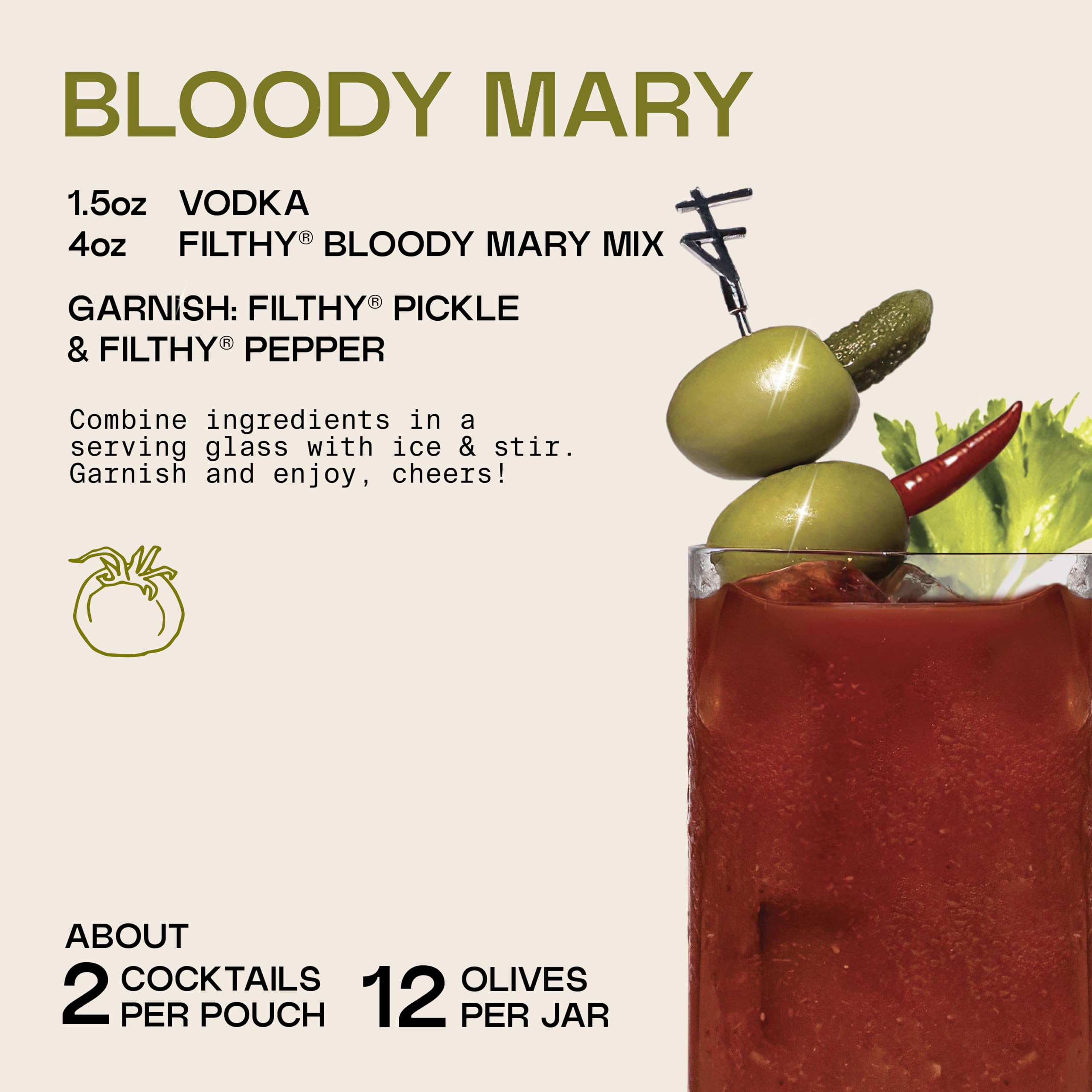 Filthy Bloody Mary in glass garnished with olives, ready-to-serve brunch cocktail
