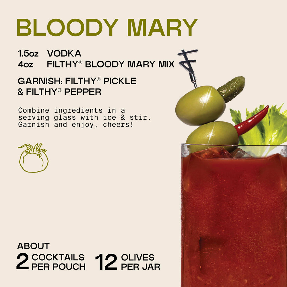 Filthy Bloody Mary in glass garnished with olives, ready-to-serve brunch cocktail