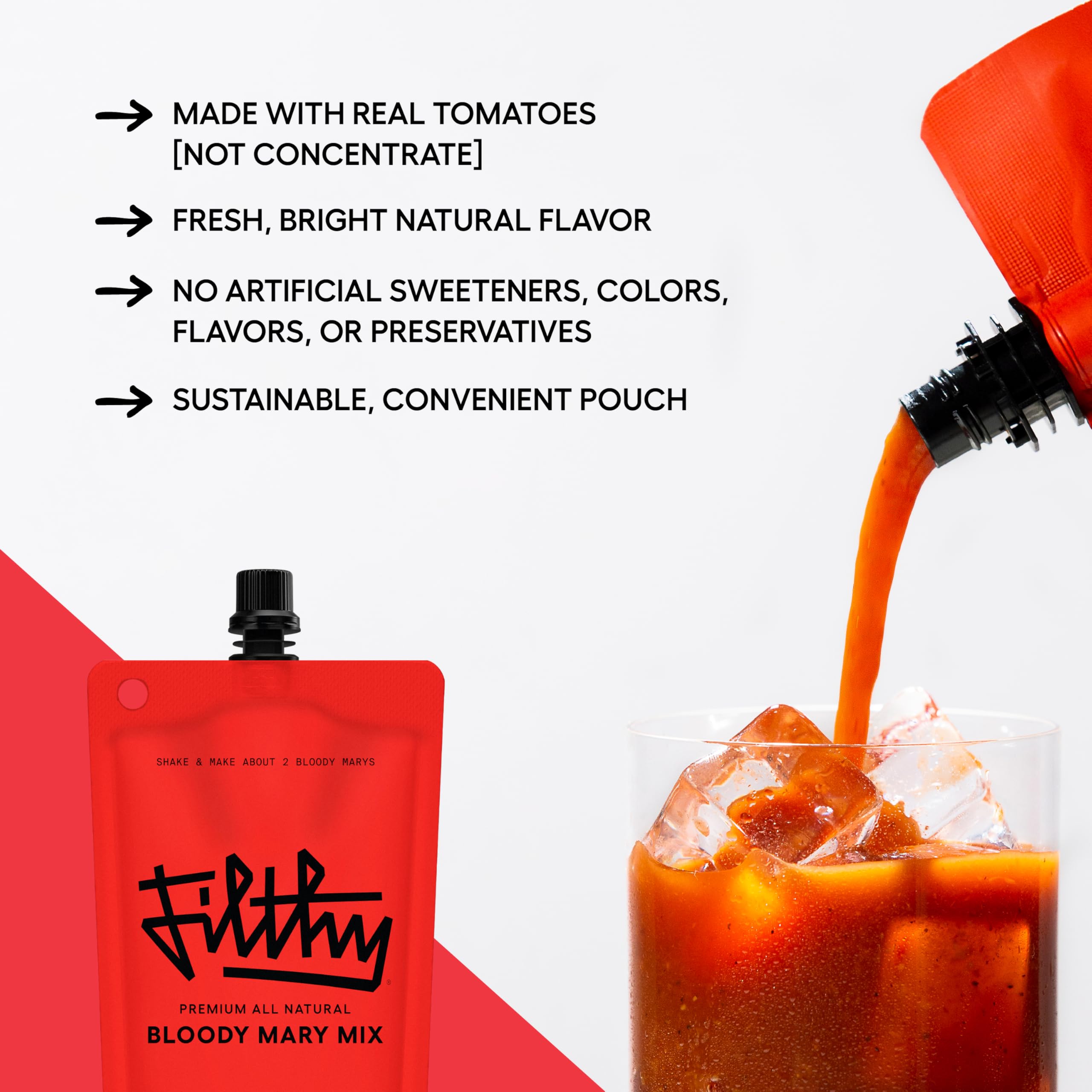 Filthy Food being poured from pouch into shaker for quick mixing benefit
