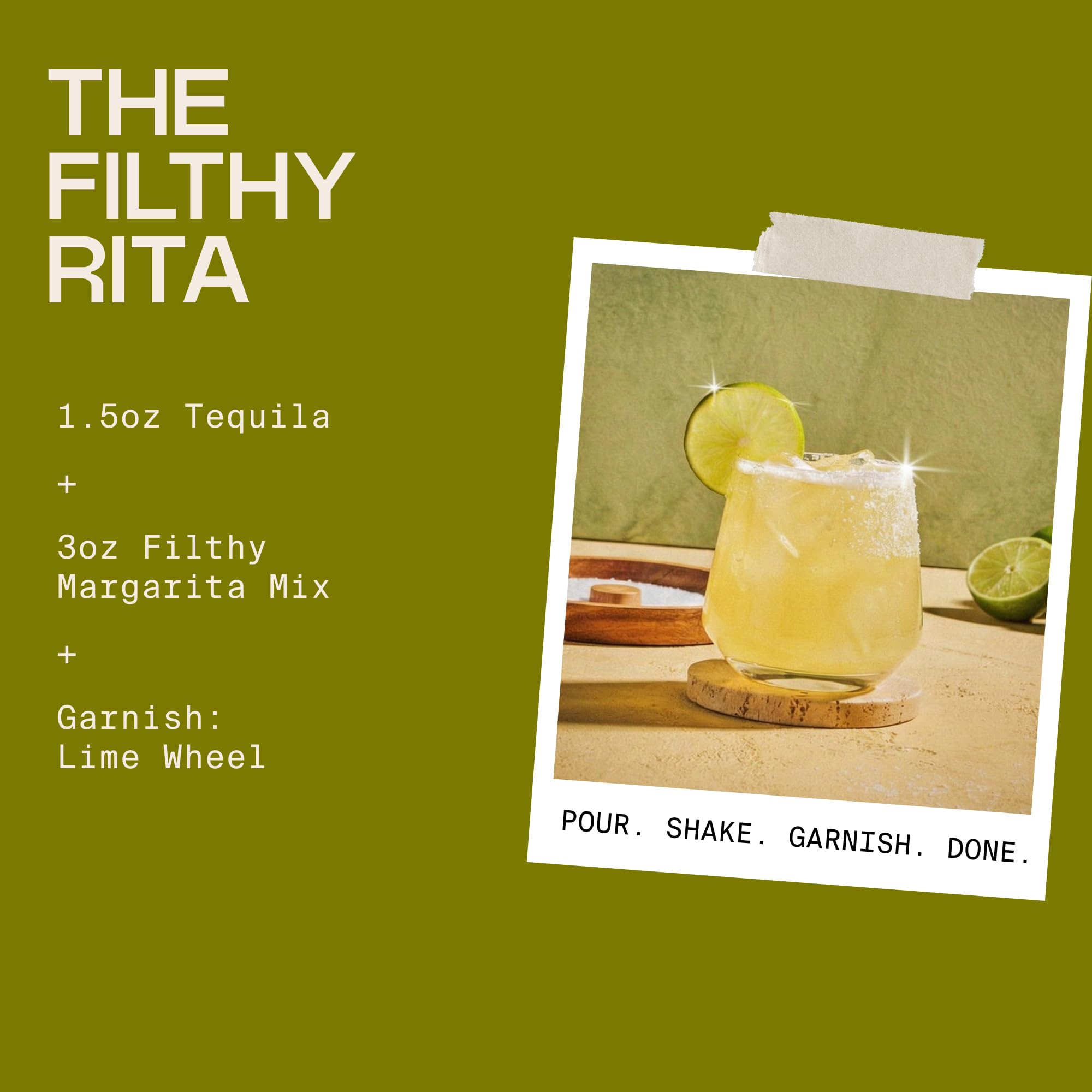 Filthy Food margarita in glass with garnish showcasing ready-to-serve appeal