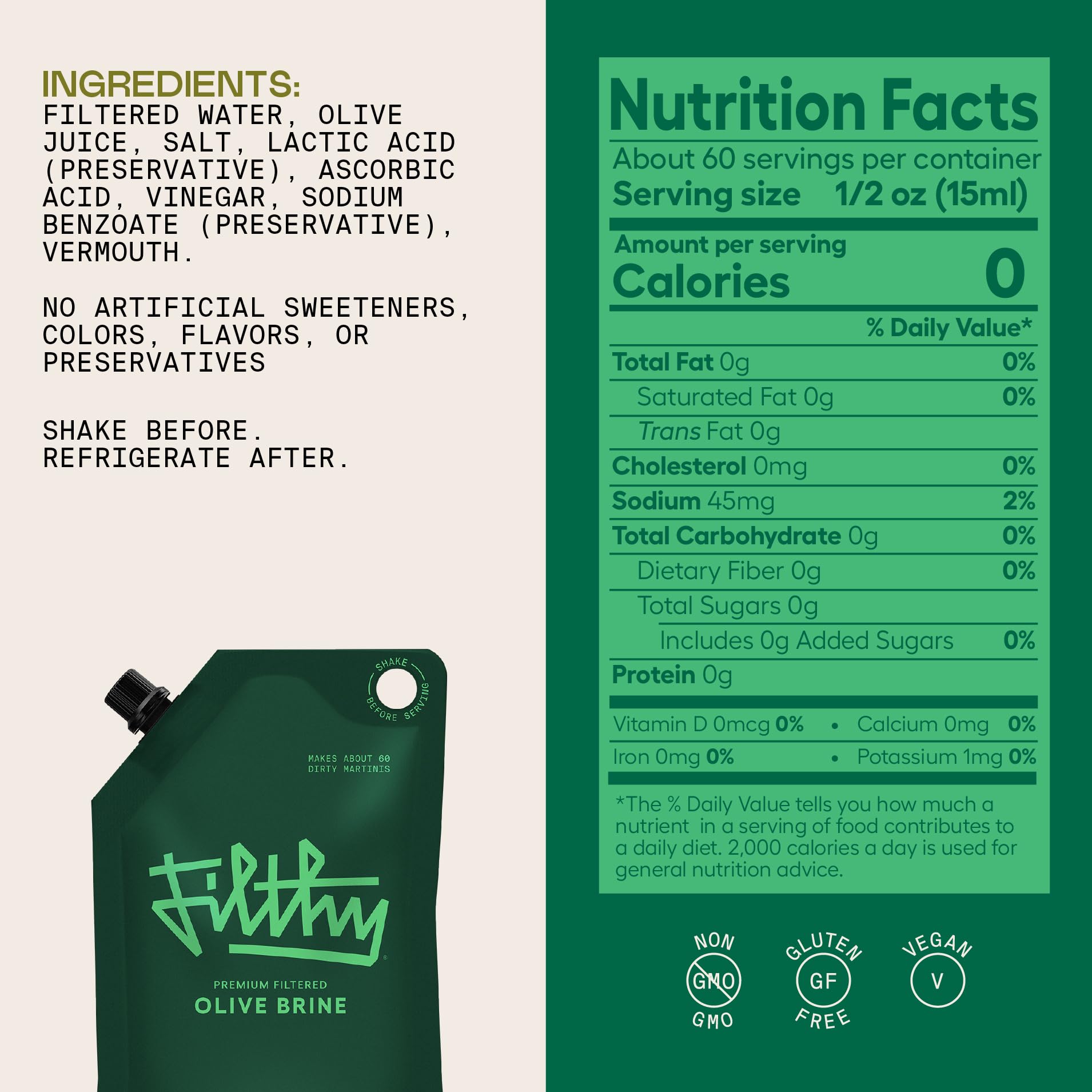 Filthy Food pouch beside olive jar showing 32 oz scale and convenience