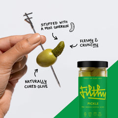 Filthy texture detail of olive skin and gherkin for visual quality and freshness