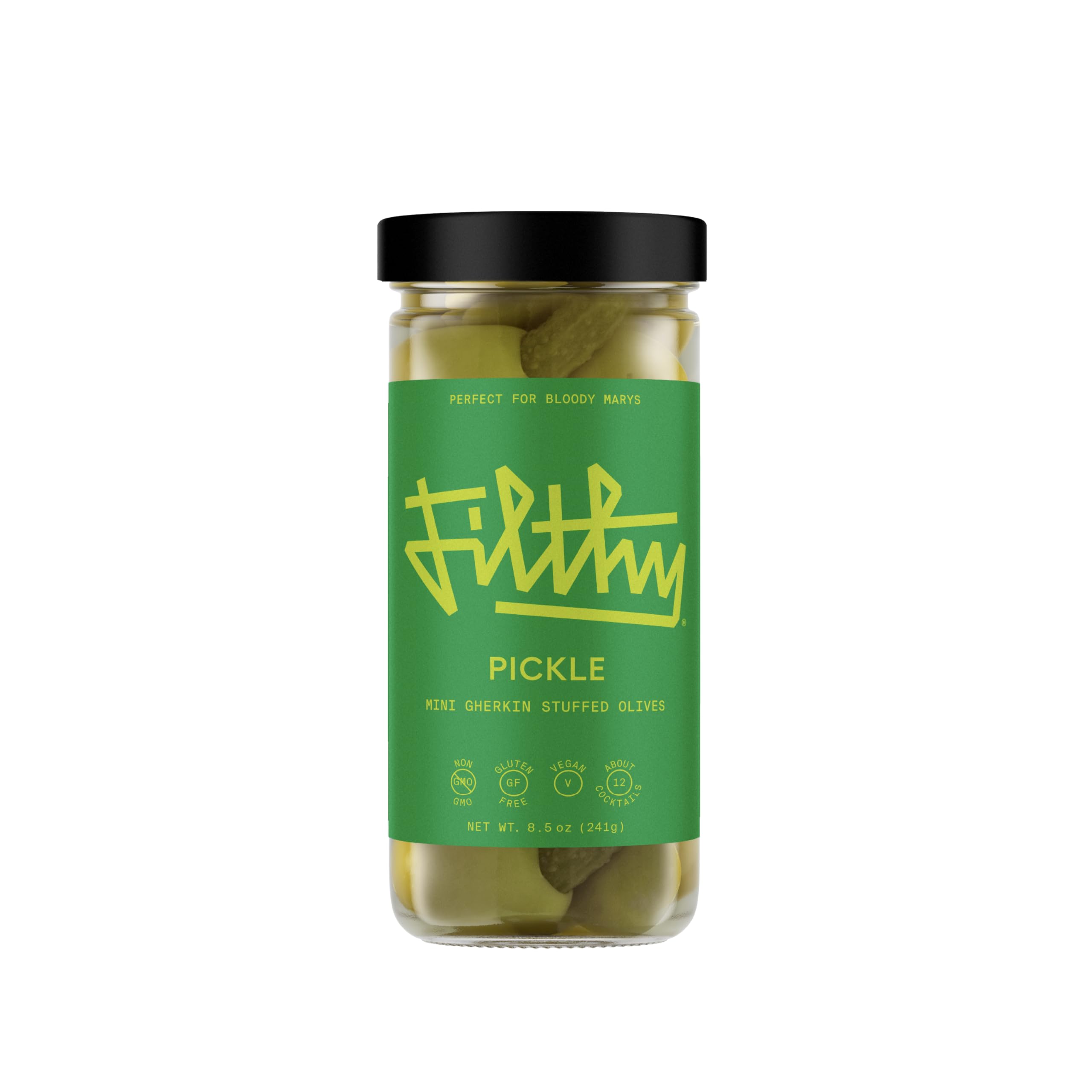 Filthy pickle stuffed olives front jar showing label and contents for premium garnish