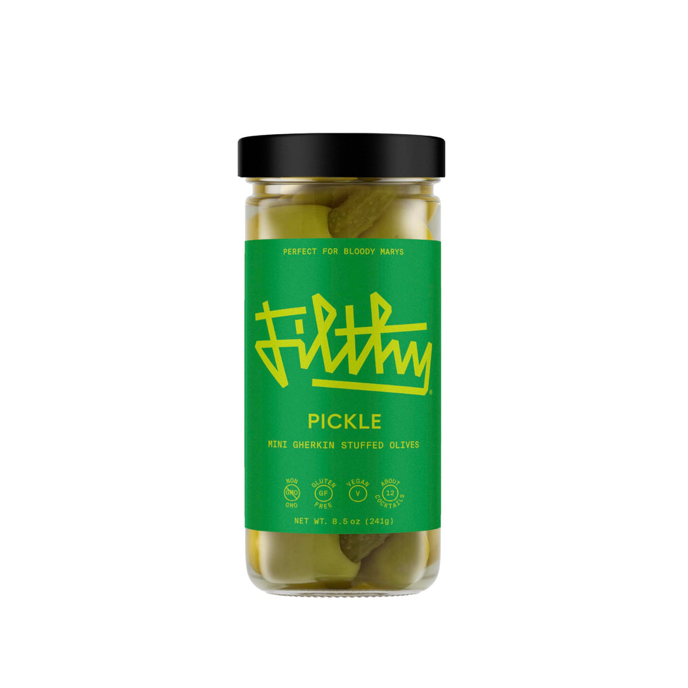 Filthy pickle stuffed olives front jar showing label and contents for premium garnish