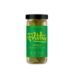 Filthy pickle stuffed olives front jar showing label and contents for premium garnish