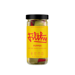 Filthy Piri Piri front jar showing label and vibrant olives, perfect garnish appeal