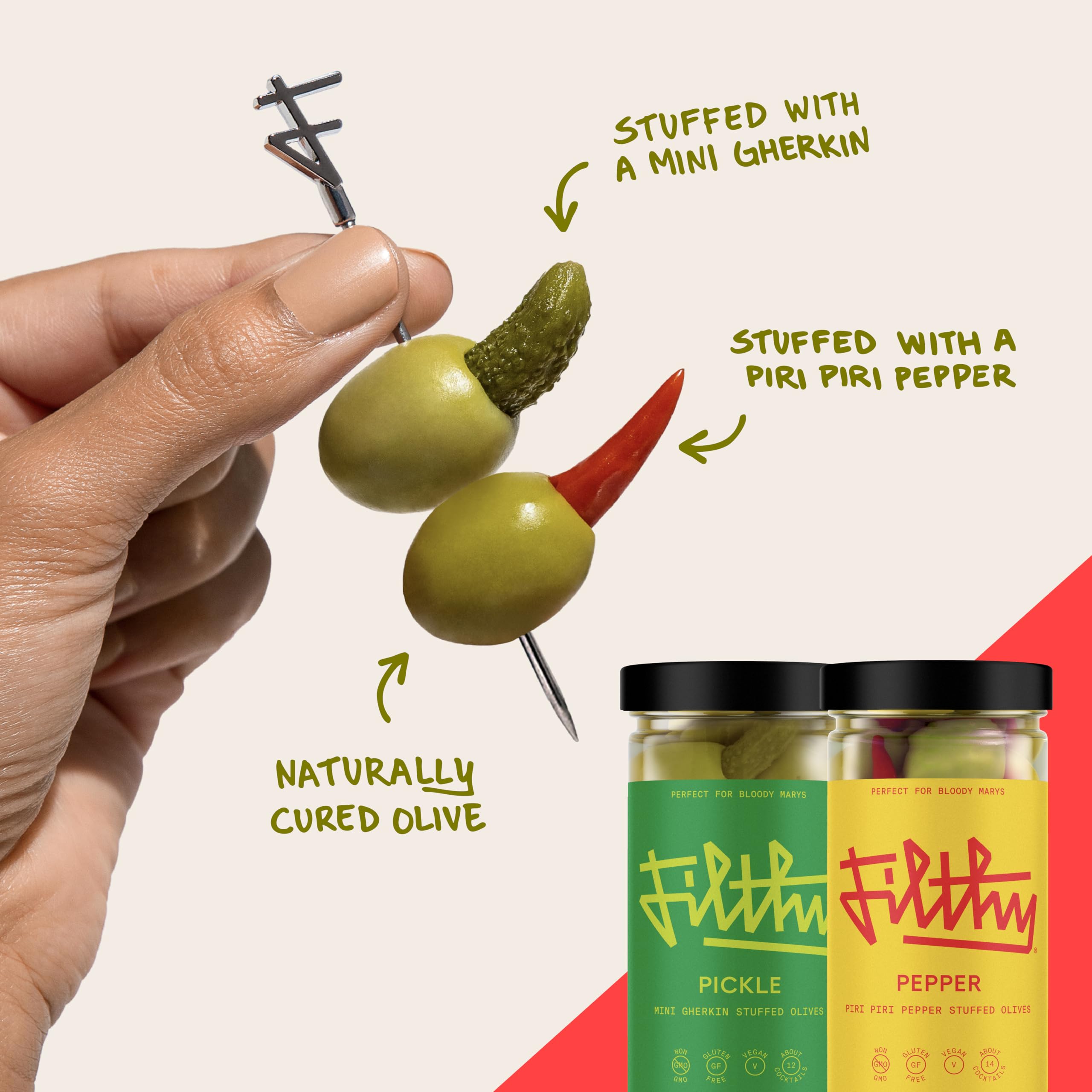 Filthy stainless-steel picks holding olives, durable reusable garnish solution