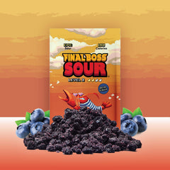 FINAL BOSS close-up of dried blueberry chews showing chewy texture and real-fruit benefit