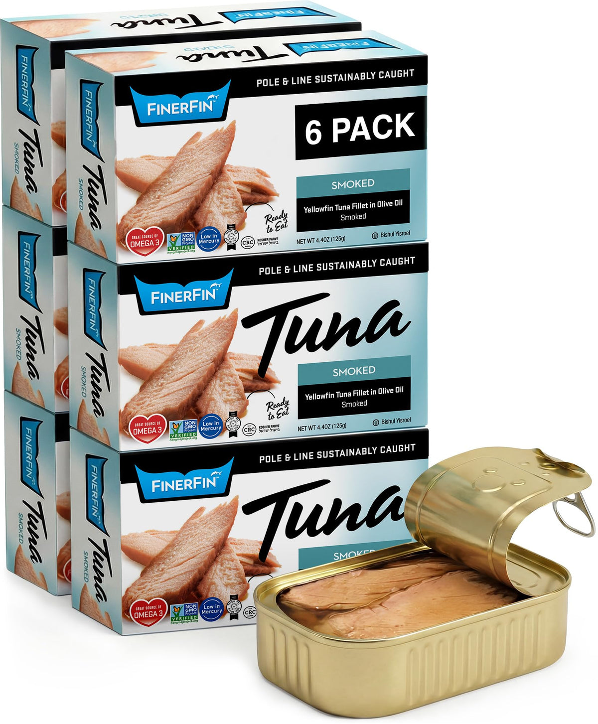 FinerFin front packaging showing smoked yellowfin tuna and organic oil benefits