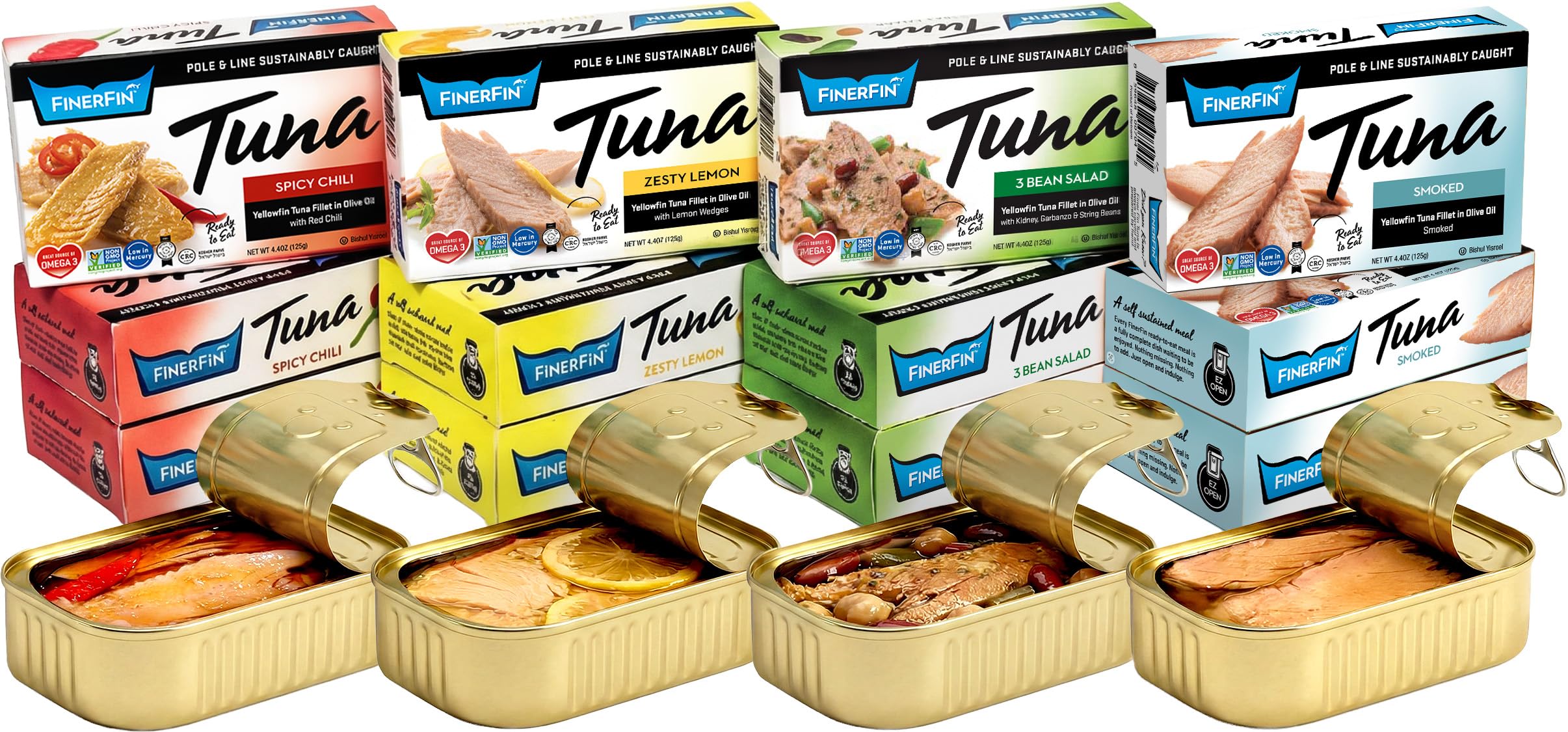FinerFin front packaging showing 12-can taster variety and label benefit convenience