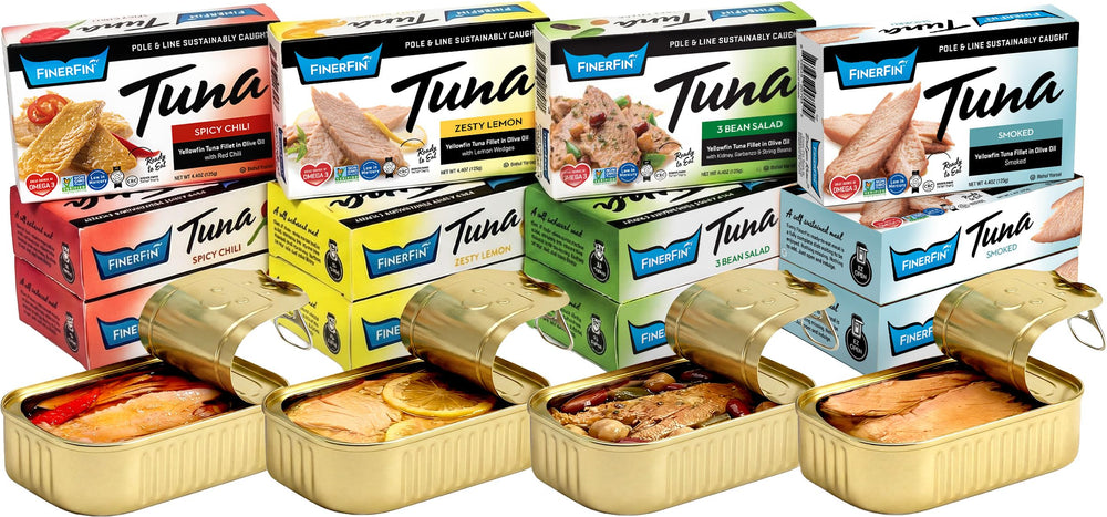 FinerFin front packaging showing 12-can taster variety and label benefit convenience
