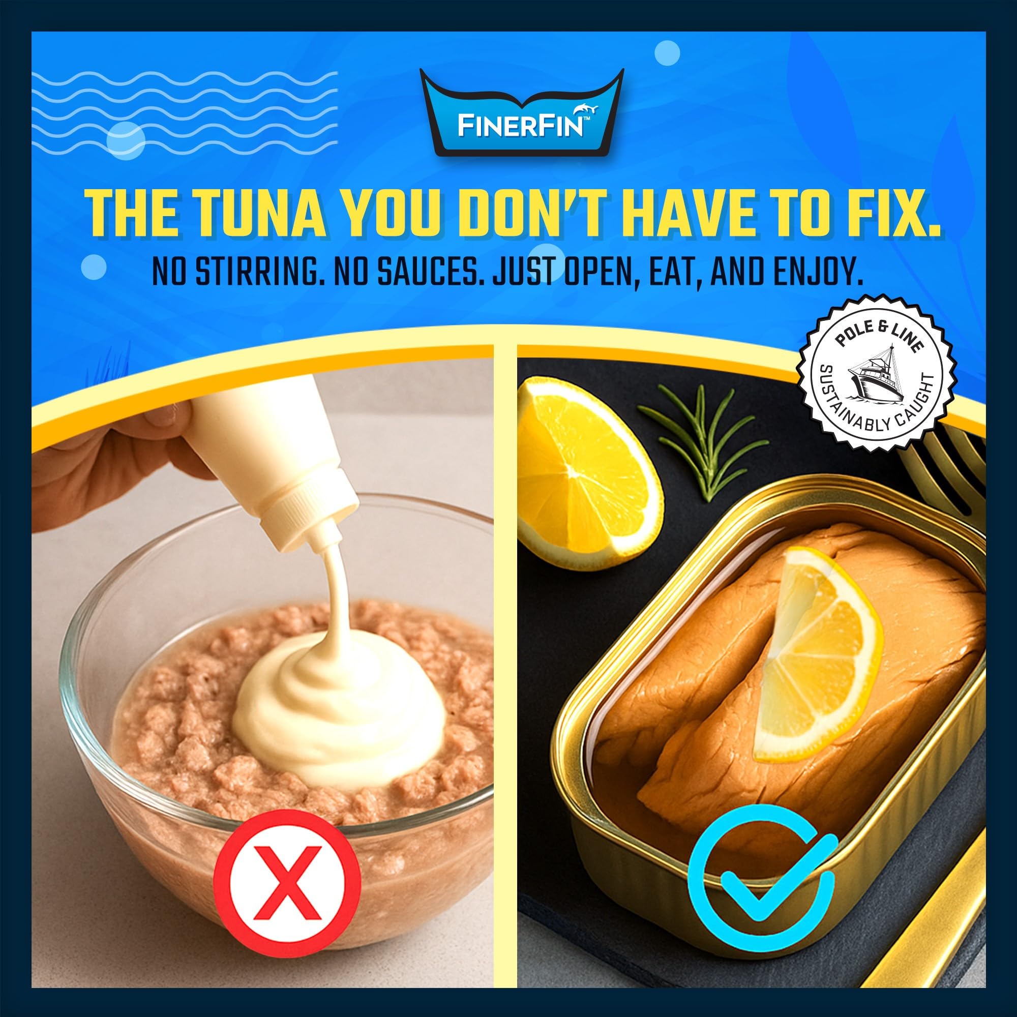 FinerFin label detail showing pole-and-line caught claim and sustainability benefit