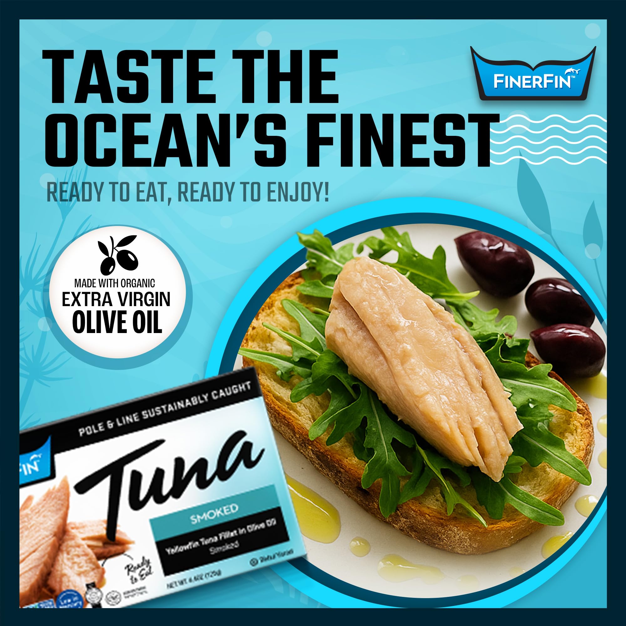 FinerFin open can close-up showing yellowfin fillet in EVOO and ready-to-eat freshness