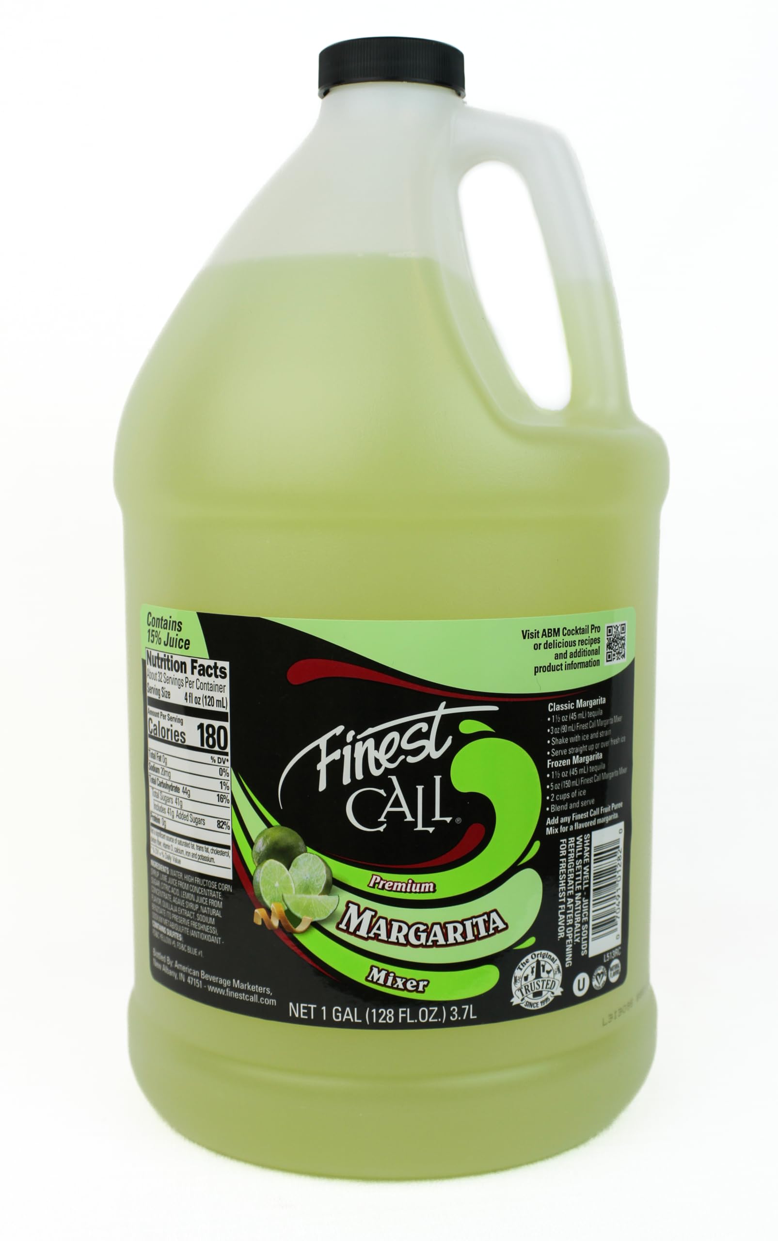 Finest Call one-gallon margarita jug front packaging shows label and boxed handle for easy storage