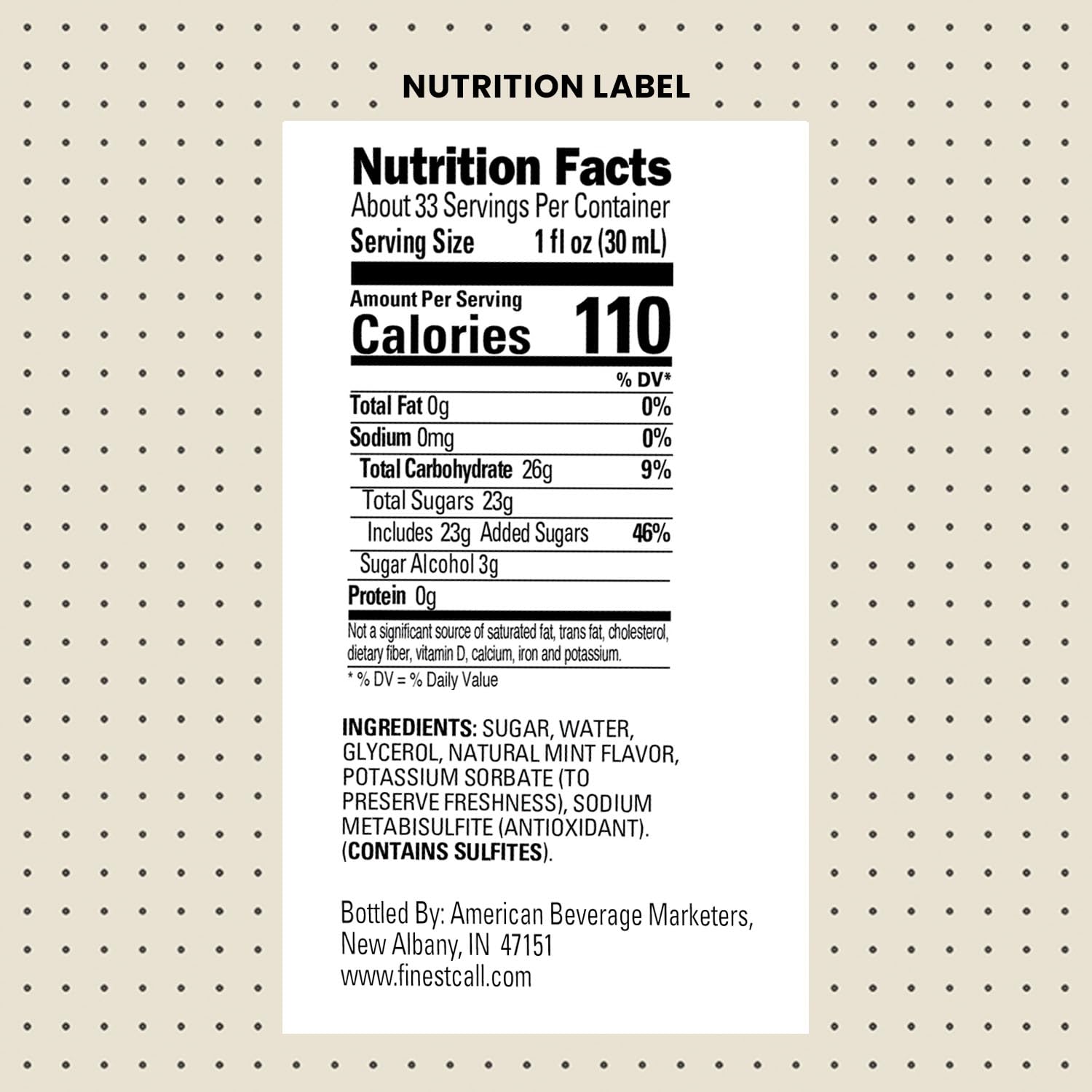 Finest Call label detail showing mint flavor and volume for quick staff reference