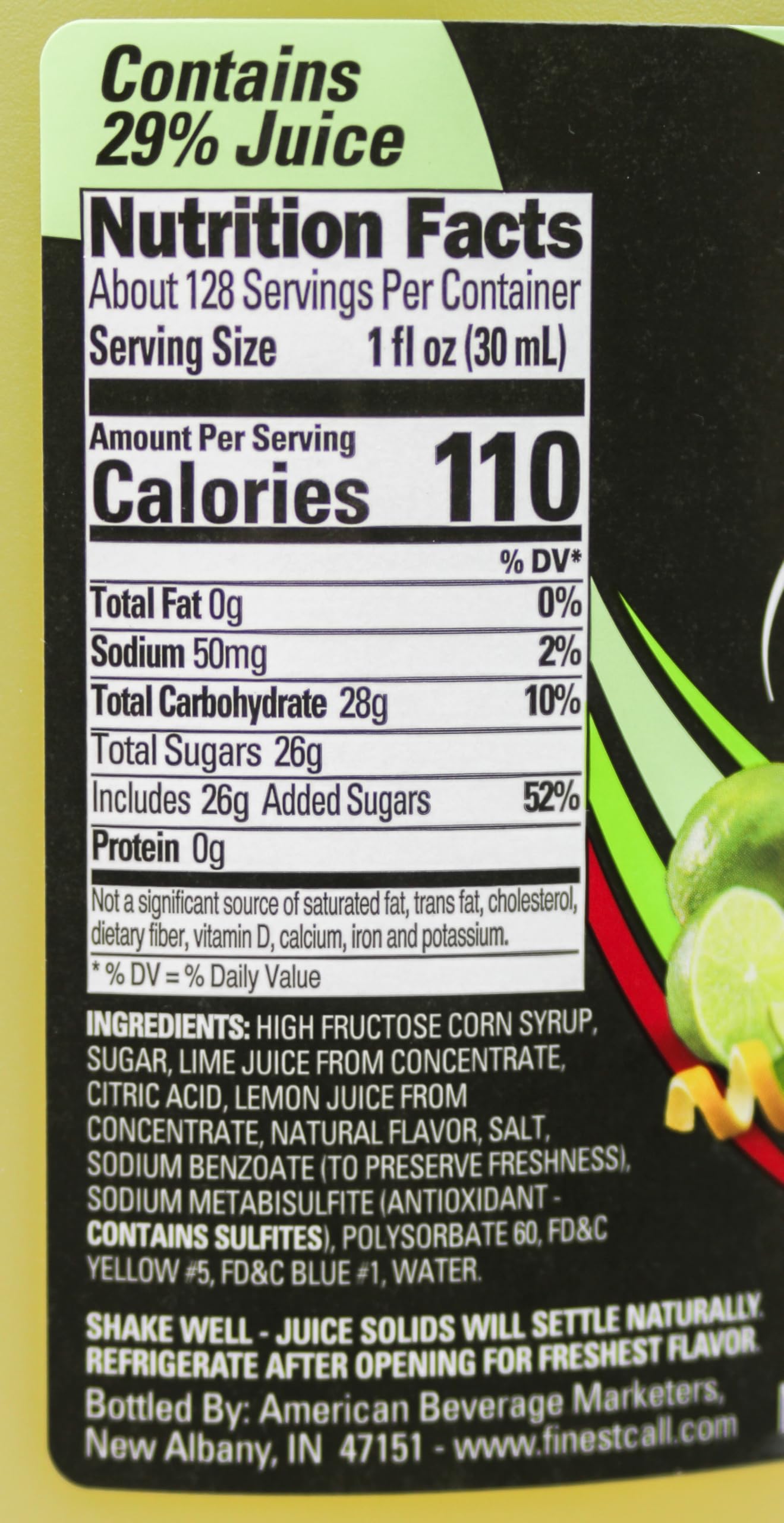 Close-up of Finest Call label showing lime and ingredients for easy identification