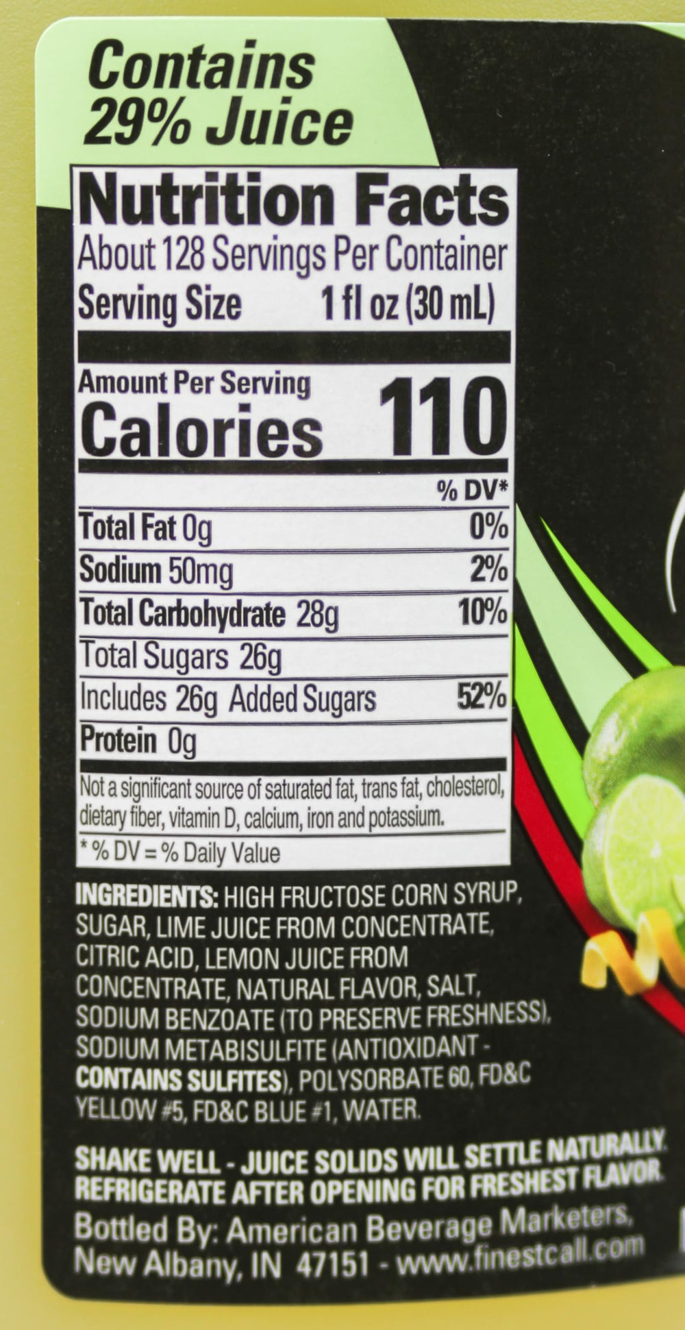 Close-up of Finest Call label showing lime and ingredients for easy identification