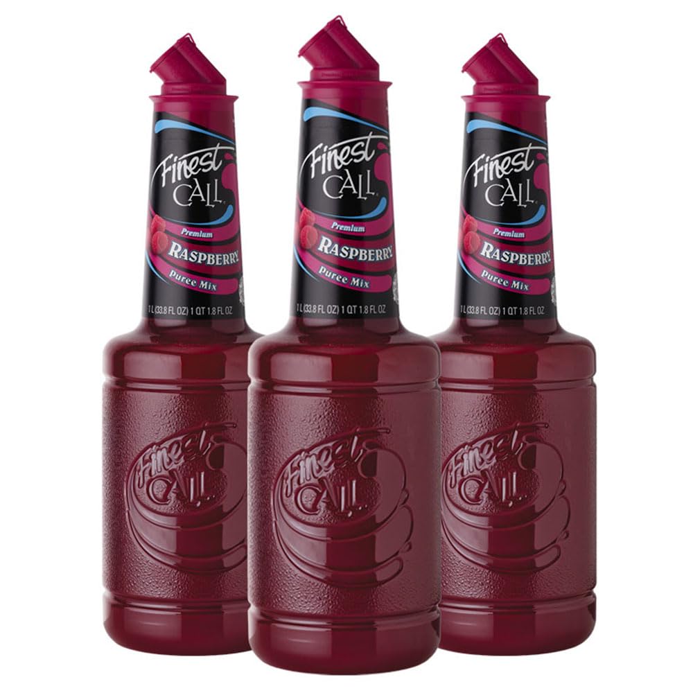 Finest Call front view showing three 1L bottles and label highlighting premium raspberry