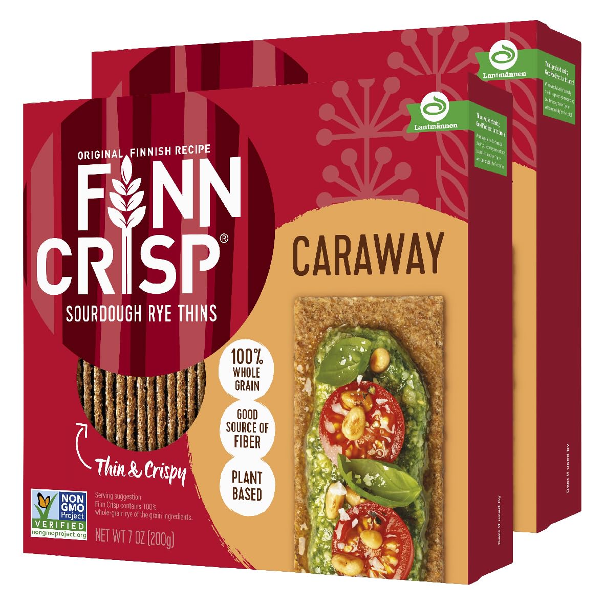 Finn Crisp front of box showing caraway flavor and long-lasting crunch