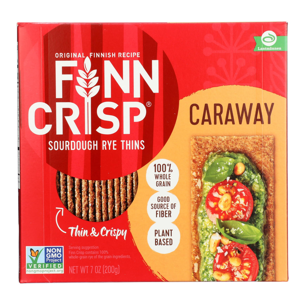 Finn Crisp front packaging showing the caraway sourdough rye thins and brand