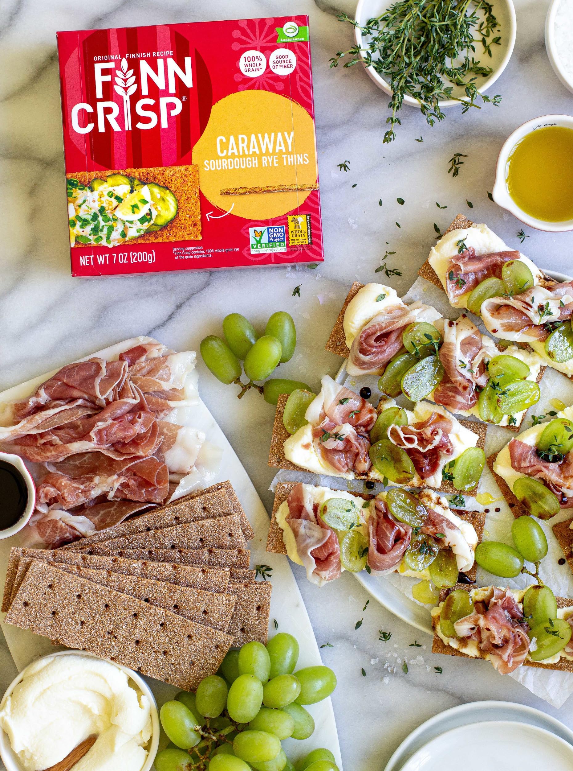 Finn Crisp ingredient label close-up showing wholegrain rye and caraway benefits