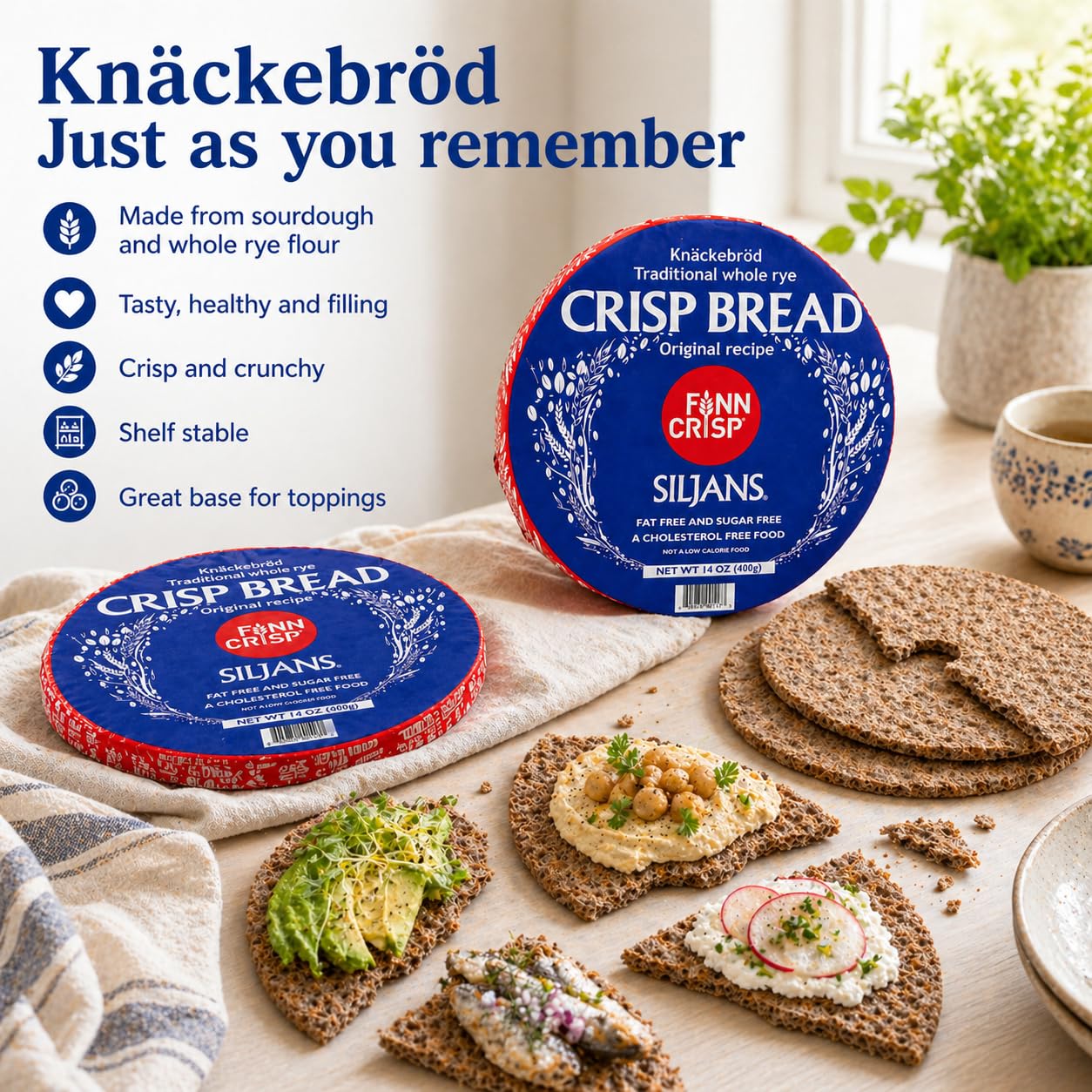 Finn Crisp Siljans topped with nut butter in lifestyle scene, nutritious snack