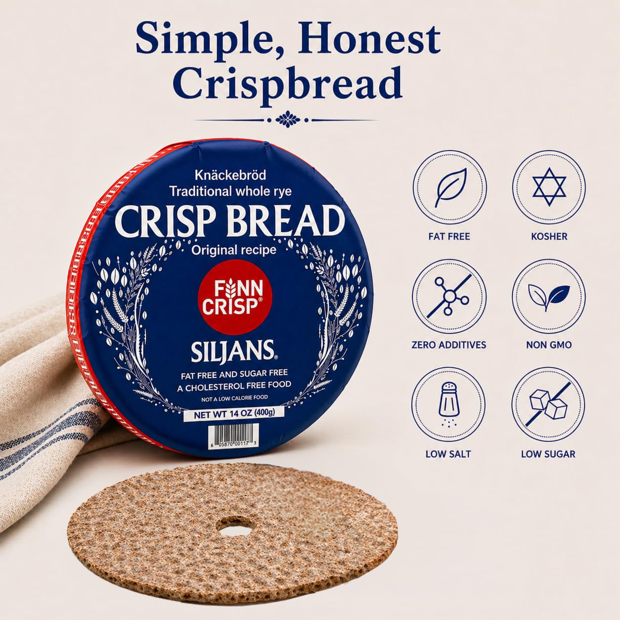 Finn Crisp stack beside a hand showing size and serving scale
