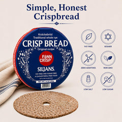 Finn Crisp stack beside a hand showing size and serving scale