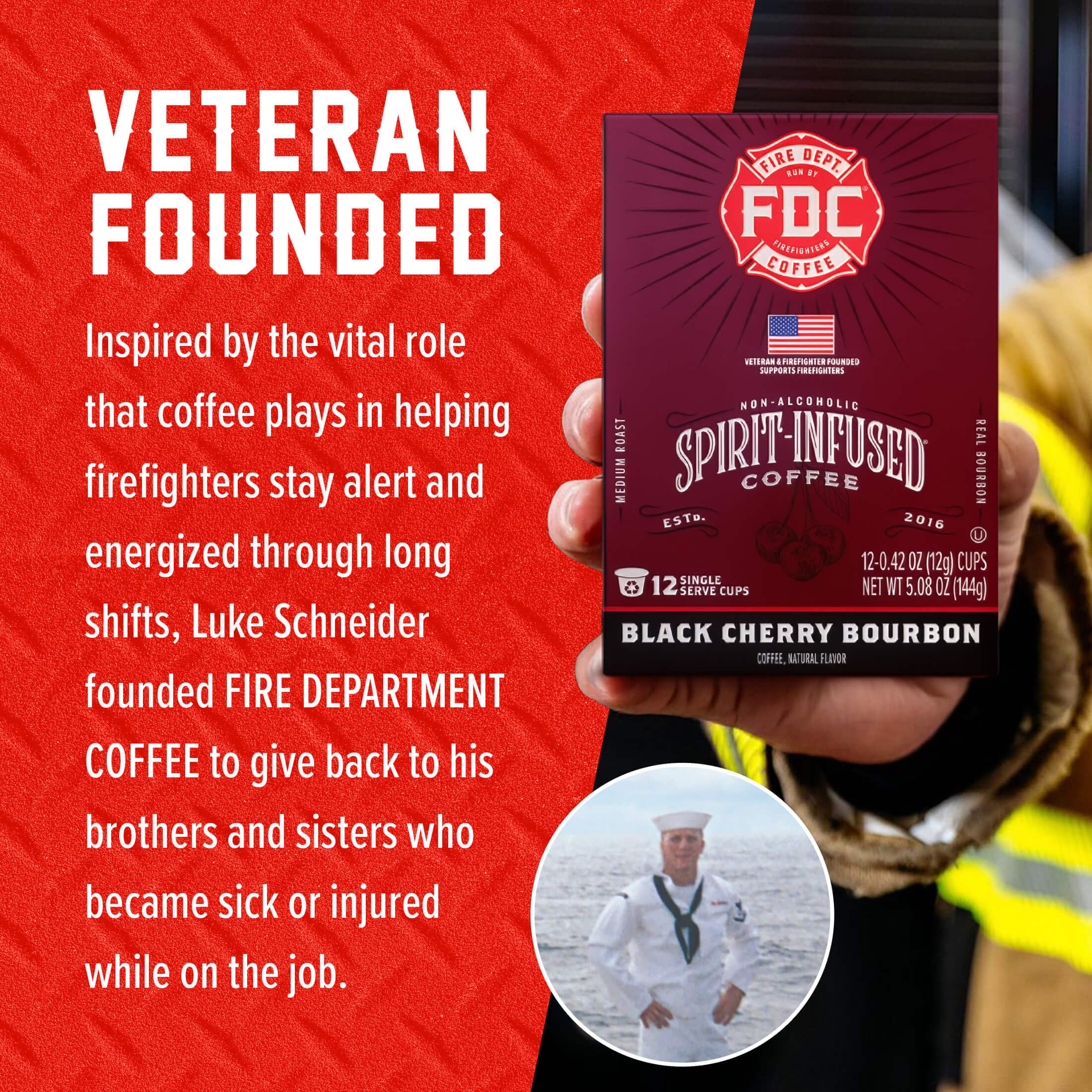 Fire Department Coffee pod beside hand for scale showing compact size and travel-friendly convenience