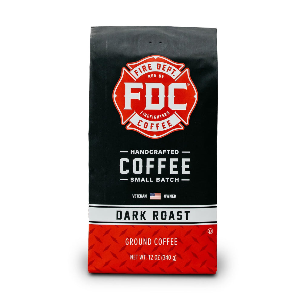 Fire Department Coffee front packaging showing bold 12 oz label and mission