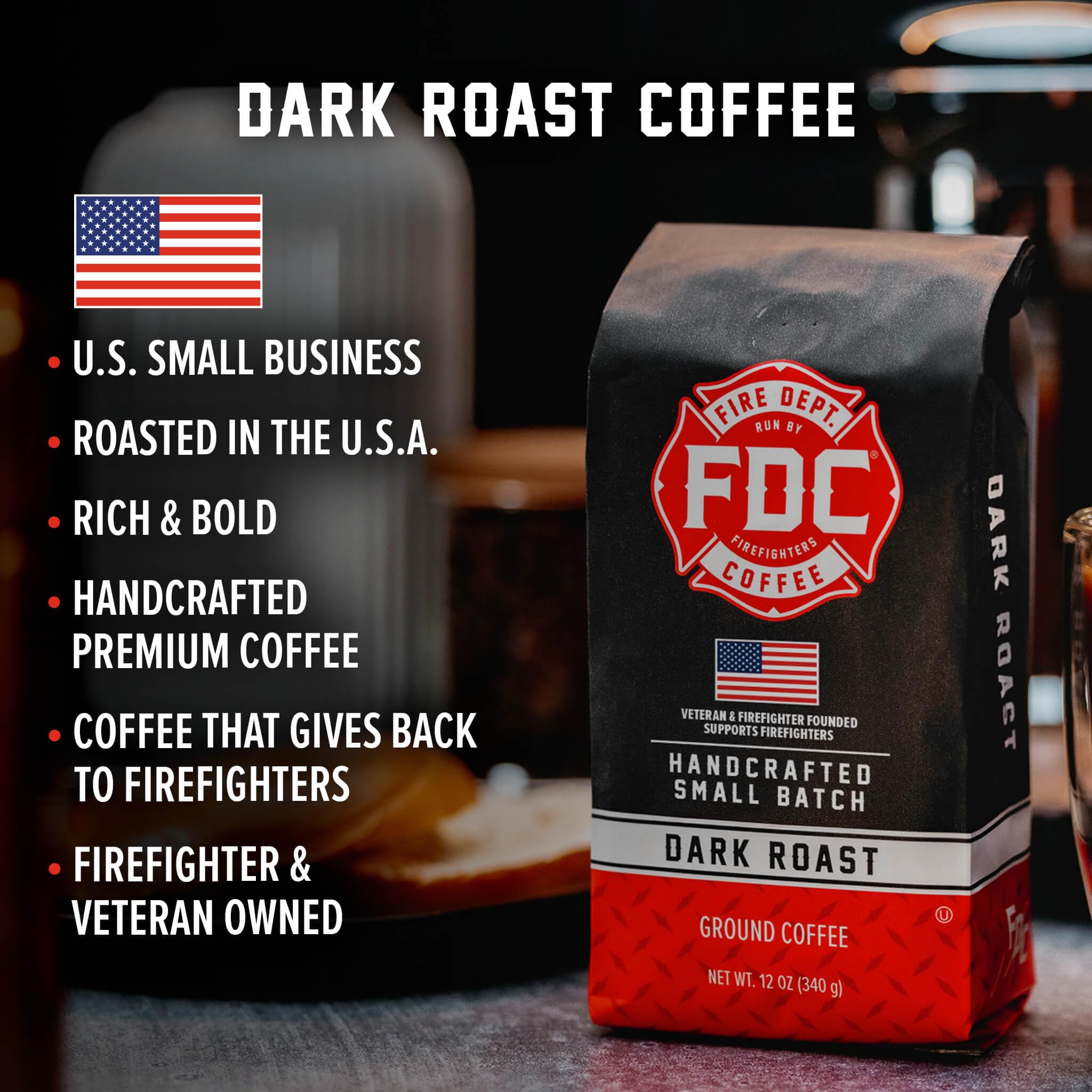 Fire Department Coffee ground close-up displaying rich dark grind and aroma