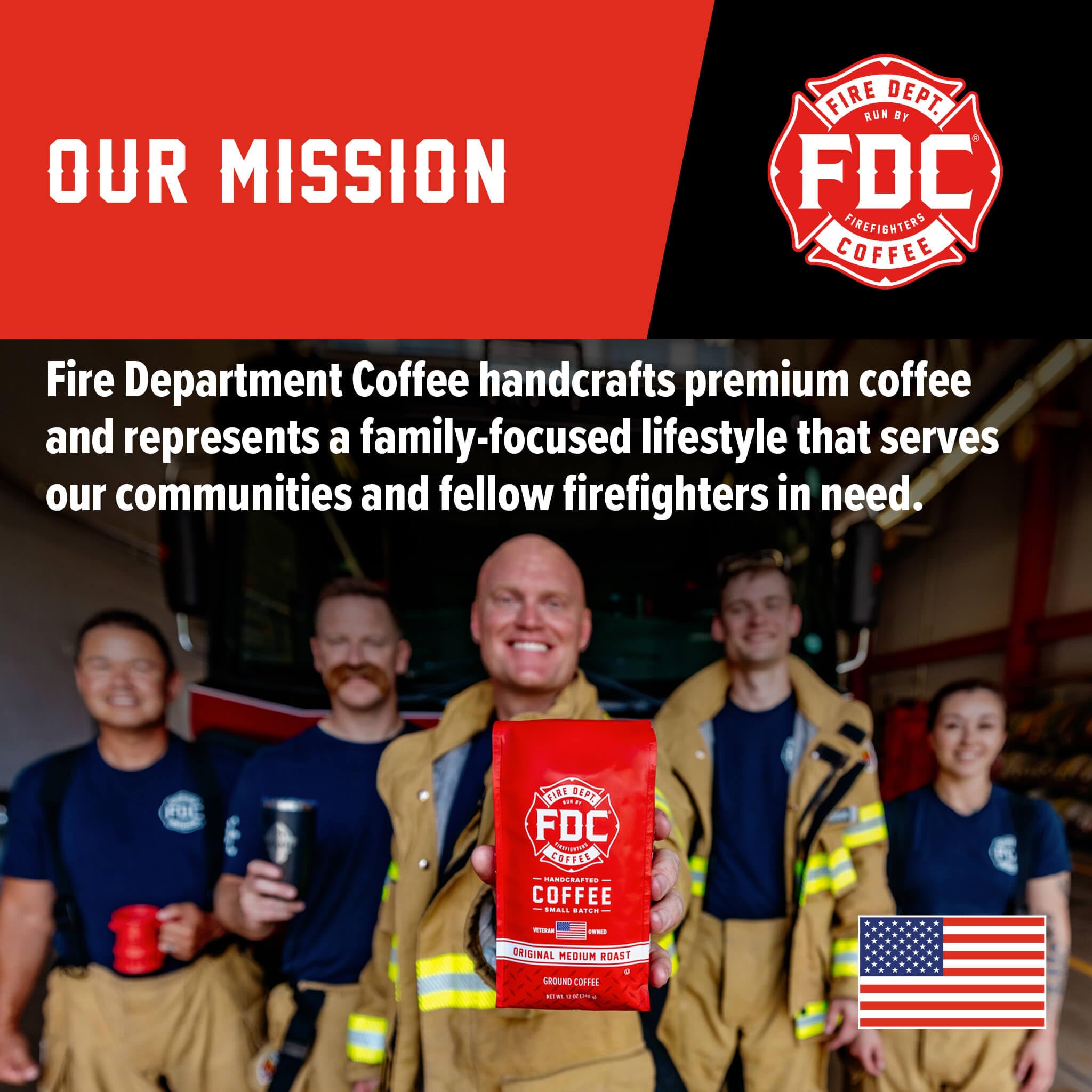 Fire Department Coffee bag next to a ruler showing 12 oz size and scale