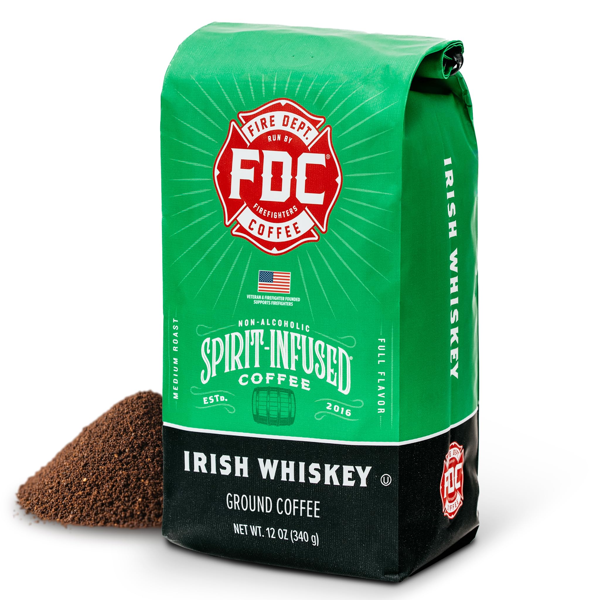 Fire Department Coffee front packaging showing 12 oz bag and brand benefit of small-batch roasting