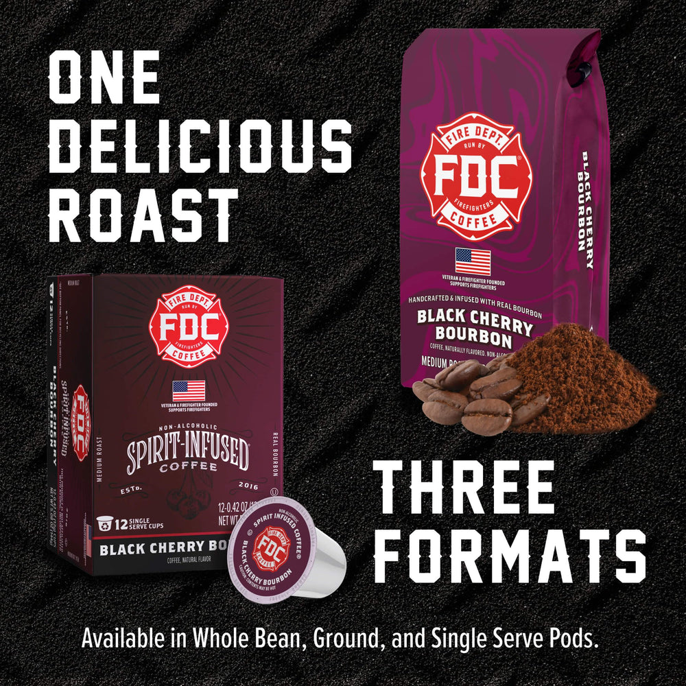 Fire Department Coffee label detail with veteran-owned badge and product information benefit